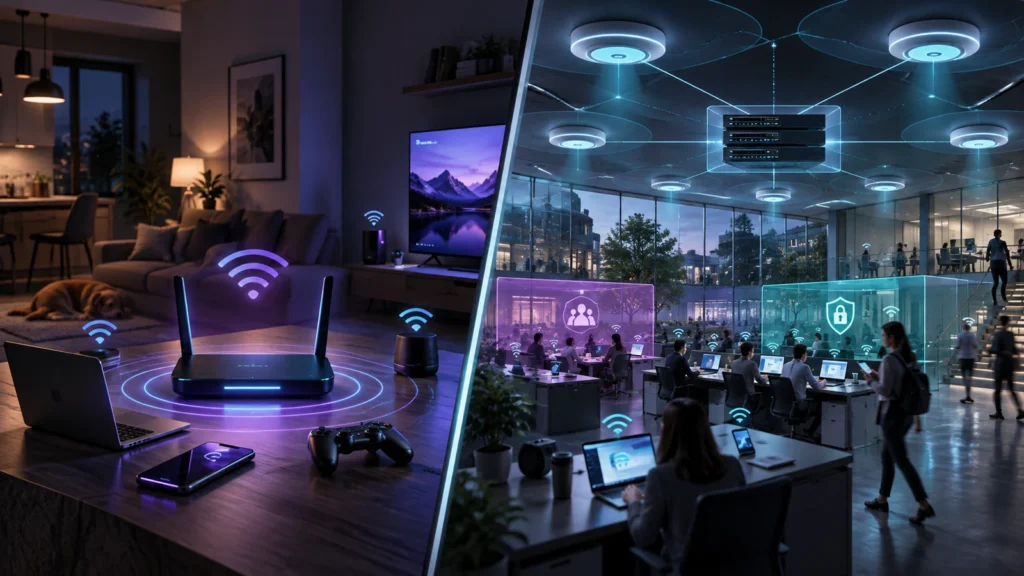 Evde tek kablosuz yönlendirici ile merkezi yönetilen çok erişim noktalı kurumsal Wi-Fi ağının karşılaştırması