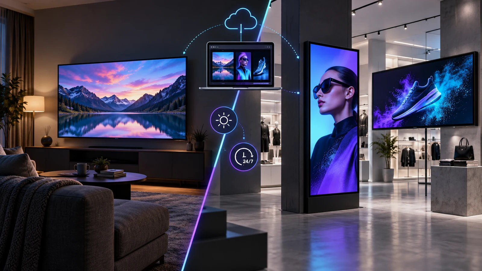 Ev televizyonu ile profesyonel perakende dijital signage ekranını karşılaştıran modern iç mekân