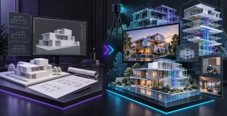Temel 3B modelleme ile gelişmiş görselleştirme ve BIM iş akışlarını karşılaştıran mimari çalışma sahnesi