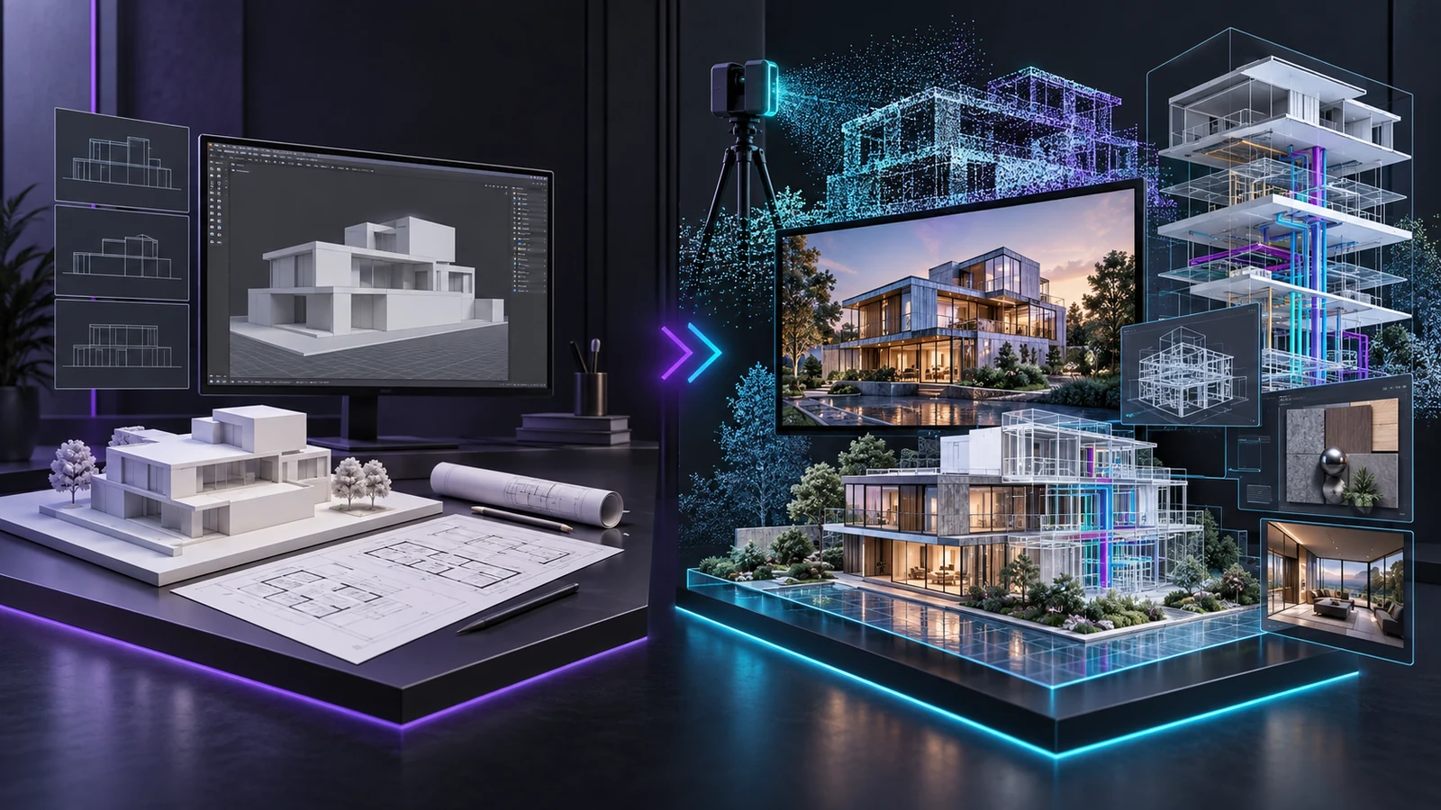 Temel 3B modelleme ile gelişmiş görselleştirme ve BIM iş akışlarını karşılaştıran mimari çalışma sahnesi